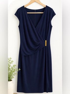 Lauren Ralph Lauren Navy Faux Wrap Midi Dress Gold Hardware Size 14